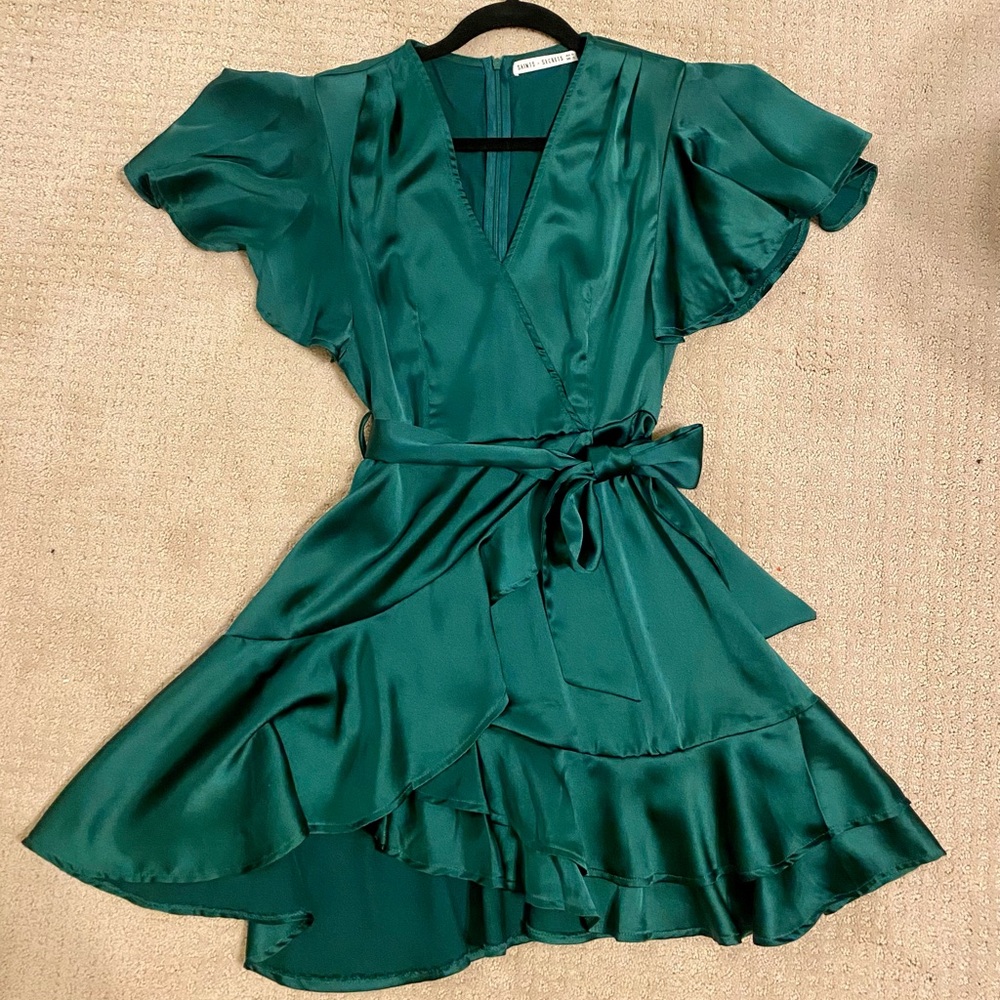 Green Ruffled Wrap Mini Dress with Flutter Sleeves